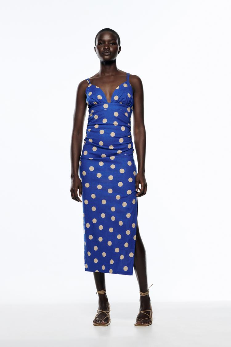 VESTITO A POIS MISTO LINO Sabbia Blu ZARA Italia Italy